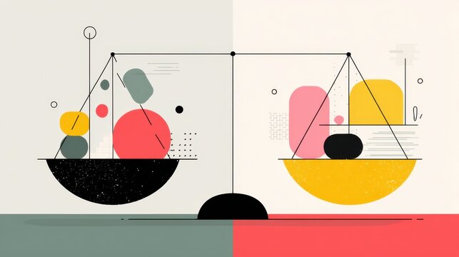 Abstract illustration of balance and equality concept with geometric shapes in black, yellow, red, and green colors