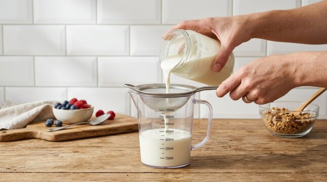 Woman Pouring Fresh Homemade Milk Kefir Through Strainer into Measuring Cup for Healthy Probiotic Breakfast in Rustic Kitchen