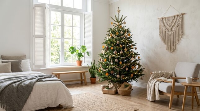 Cozy Scandinavian Bedroom Interior with Decorated Christmas Tree Minimalist Holiday Home Decor and Natural Ornaments