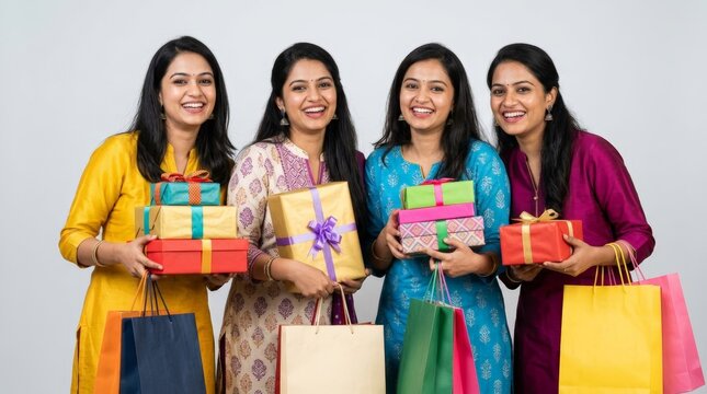 Happy Indian Women Holding Festive Gifts and Shopping Bags Celebrating Diwali Festival Season in Traditional Wear