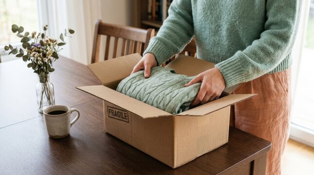 Woman Unpacking Warm Knitted Sweater from Cardboard Box at Home Online Shopping Package Delivery and Ecommerce Retail Concept