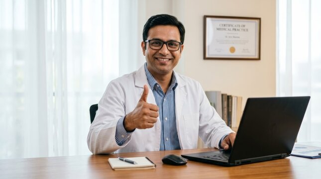 Smiling Indian Male Doctor Showing Thumbs Up at Laptop Desk in Modern Clinic Telehealth Office