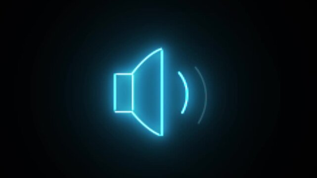 Glowing blue neon speaker icon on a dark background.
