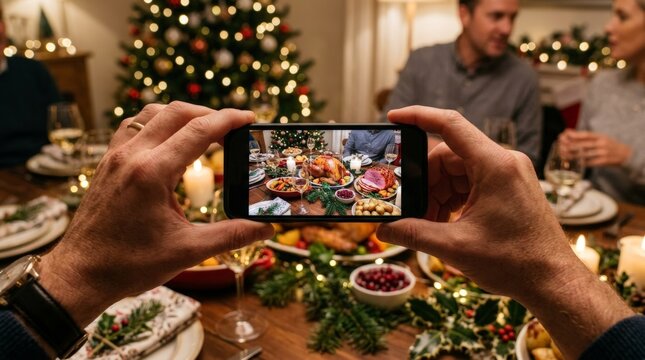 POV Hands Holding Smartphone Taking Photo of Traditional Christmas Dinner Feast with Roasted Turkey at Festive Family Gathering