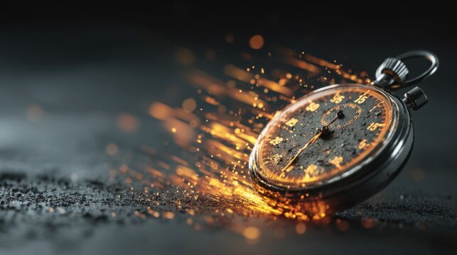 Vintage Pocket Watch Surrounded by Spark and Light on Dark Background for Timeliness and Nostalgia Concepts
