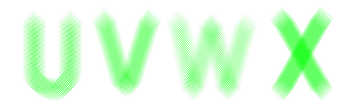 Neon green geometric letters u, v, w, and x with grid pattern