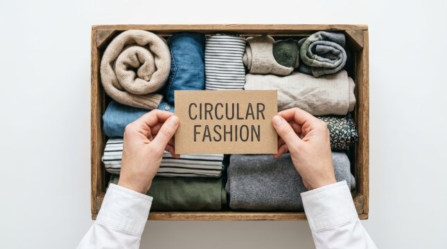 Circular Fashion Concept with Hands Holding Cardboard Sign Above Reusable Clothing in Wooden Box for Sustainable Wardrobe and Eco Friendly Lifestyle