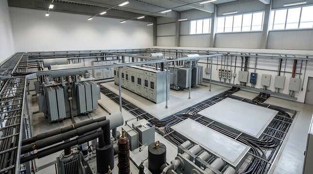 Interior view of a modern industrial electrical substation, showing high-voltage transformers, advanced switchgear, and control panels essential for power distribution