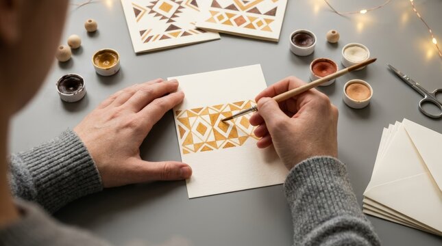 Artist Hand Painting Geometric Watercolor Pattern on Handmade Greeting Card with Brush at Creative Cozy Crafting Desk