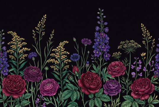 Elegant botanical illustration of dark burgundy roses and purple wildflowers on a black background. Moody vintage floral border design.