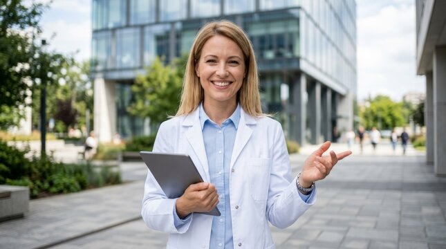 Smiling Female Doctor Holding Digital Tablet Gesturing Outdoors Near Modern Medical Clinic Hospital Building