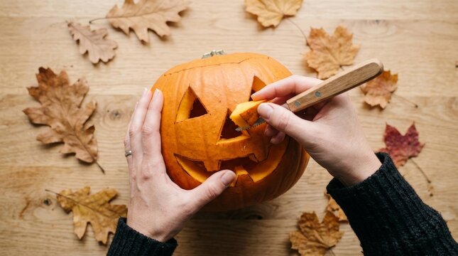 Hands Carving Pumpkin Jack O Lantern on Wooden Table with Autumn Dried Leaves for Halloween Celebration
