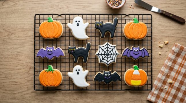 Assorted Halloween Decorated Sugar Cookies on Cooling Rack with Pumpkin Ghost Bat and Black Cat Iced Biscuits on Wooden Table