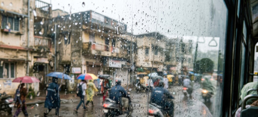 Obraz premium Monsoon city life and everyday urban mobility in India, featuring rainy streets, pedestrians, public transportation, traffic, umbrellas, wet glass, and atmospheric urban surroundings.
