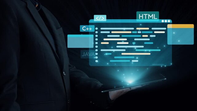 A business professional demonstrates various programming languages through holographic displays, creating an engaging tech atmosphere ideal for innovation and education. Qubit