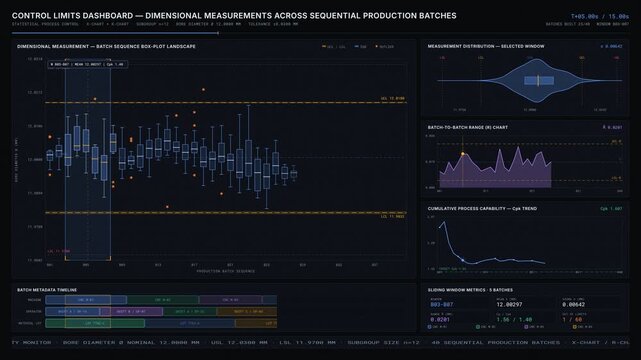 A detailed control limits dashboard visualizing dimensional measurements across sequential production batches with animated metrics and vibrant color overlays.