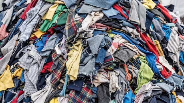 Pile of Discarded Textile Waste and Torn Fabric Scraps for Recycling in Sustainable Circular Economy Industry