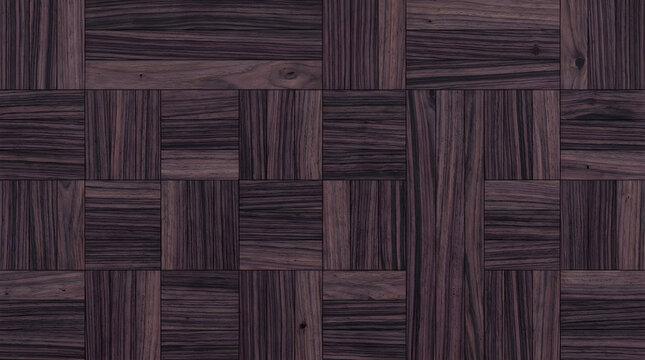 Dark walnut parquet flooring texture, luxury purple wood panel background, elegant geometric timber mosaic pattern for interior design