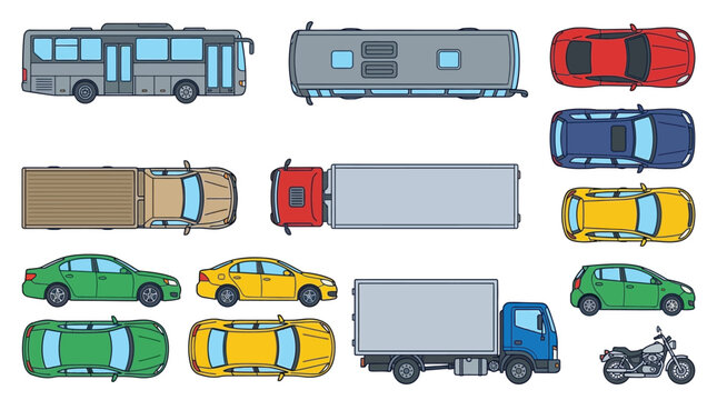 vehicle top view and car side view collection in transportation vector set for architectural site plan design