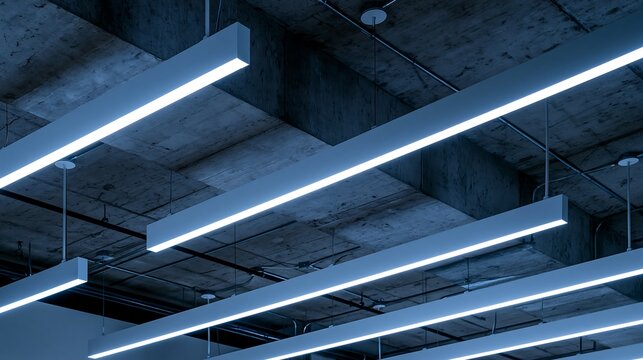 Modern linear LED lighting fixtures installed on a concrete ceiling isolated on transparent background. Concept for professional interior design and architectural lighting solutions.