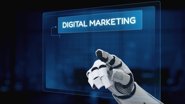 A futuristic robot hand engages with a digital marketing interface, showcasing essential elements like web, social media, content creation, and advertising strategies. Synapse