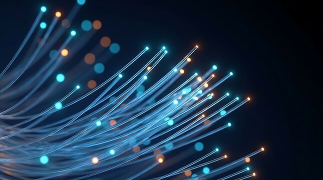 Abstract glowing blue and orange fiber optic strands representing data transfer and connectivity in a technology concept background.