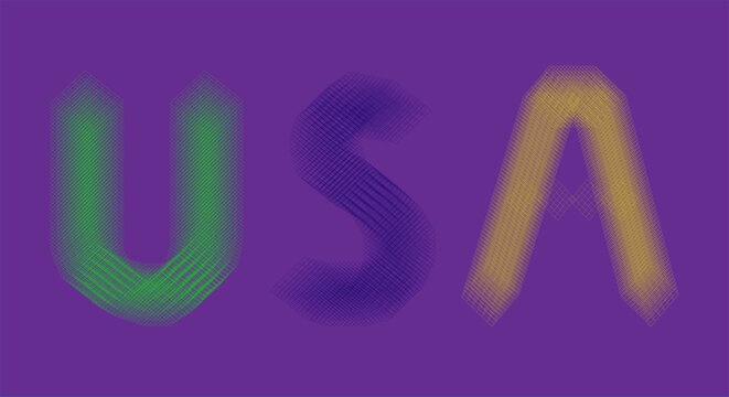 Usa text formed by overlapping geometric line patterns on purple background
