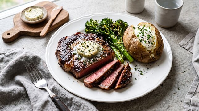 Grilled ribeye steak served with baked potato and broccolini on a white plate with herb butter