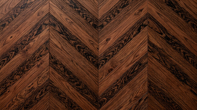 Chevron walnut wood flooring texture, dark brown timber parquet background, luxury hardwood floor pattern with natural grain details