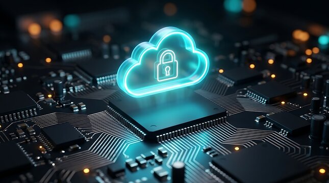 Glowing neon cloud icon with a padlock symbol over a complex computer processor circuit board signifying cloud computing security and data protection.