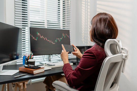 Professional investor monitoring financial markets and analyzing investment opportunities in a modern office, representing stock trading, market research, portfolio management.
