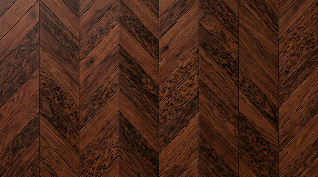 Chevron dark wood texture background, elegant walnut parquet flooring pattern, luxury timber wall paneling with natural grain details