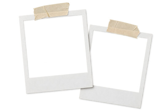 Two polaroid photo frames with tape strips.on transparent background.