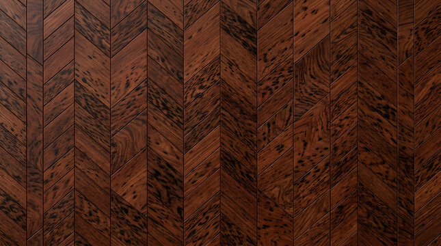 Dark walnut chevron wood flooring texture, elegant mahogany parquet timber background, luxury hardwood wall paneling with natural grain patterns