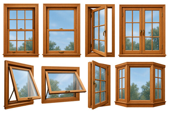 Wooden Window Frames and Glass Panes Set on transparent background. PNG, Classic Timber Double Hung and Casement Windows Collection, Residential Home Construction.