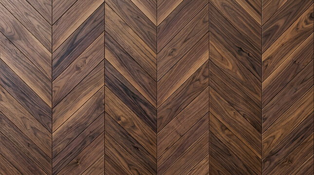 Chevron walnut wood parquet texture, dark brown hardwood floor background, elegant timber wall paneling with natural grain patterns