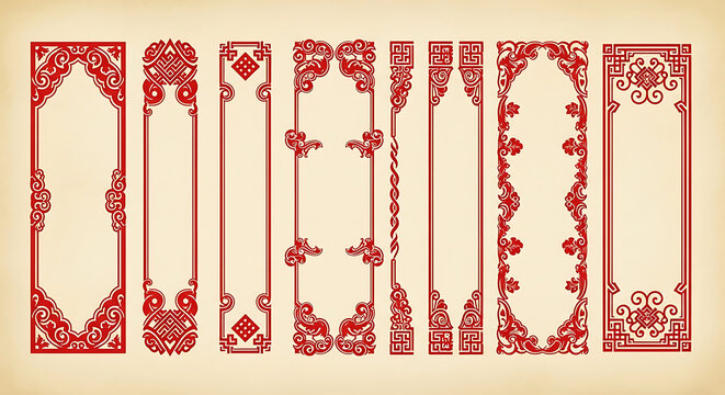 Border Frame Set of Traditional Chinese Red Decorative Vertical Borders and Frames with Floral and Geometric Patterns on Vintage Parchment
