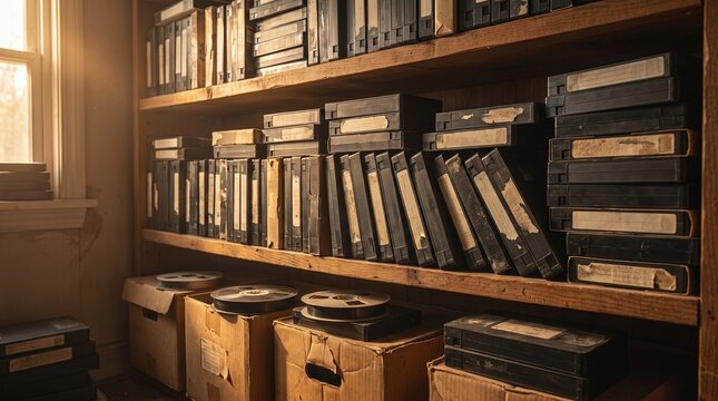 Vintage VHS Tapes and Film Reels on Shelves