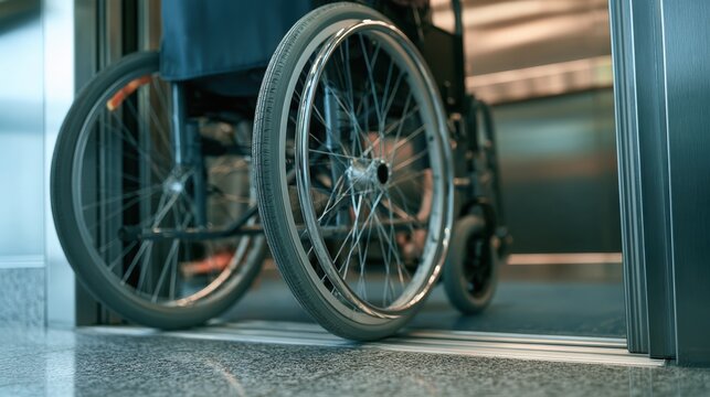 Close-up of wheelchair wheels rolling through a doorway, highlighting accessibility and mobility features in an indoor setting.