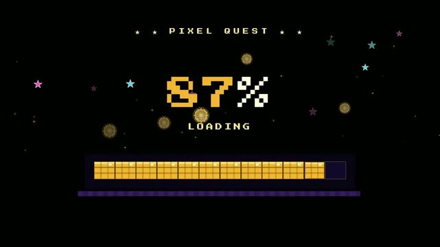Retro Pixel Art Loading Screen with Percentage Counter and Progress Bar on Black Background