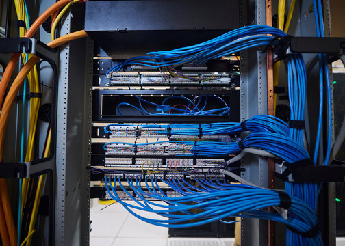 Close Up of Network Cables and Server Hardware in Data Center
