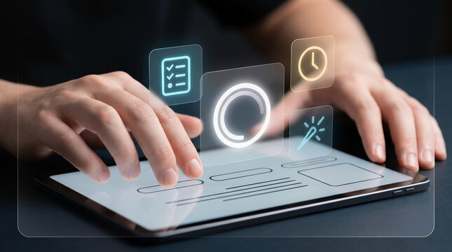 Close-up view of hands interacting with a digital tablet displaying holographic interface icons for task management and business productivity concepts.