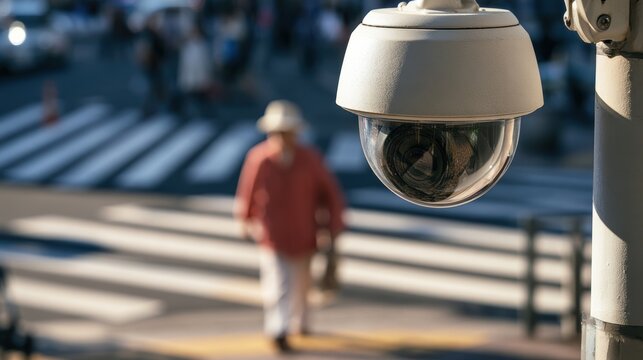 A close-up of a dome security camera monitoring a blurred pedestrian crossing in an urban setting.