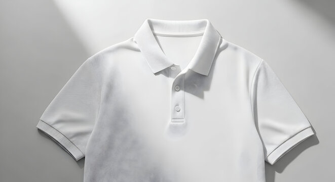 Stylish White Polo Shirt Featuring Unique Design Elements and Subtle Patterns in Soft Natural Lighting Against a Minimalistic Background