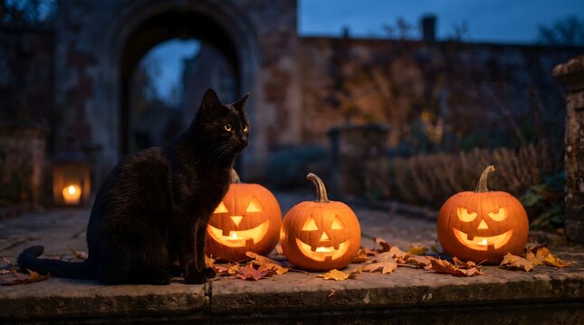 halloween background with pumpkin and cat