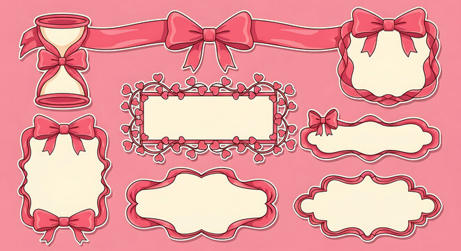Frame Label Bow Collection of Decorative Pink Ribbon Frames and Labels Featuring Bows Hearts and a Vintage Hourglass Design for Greeting Cards