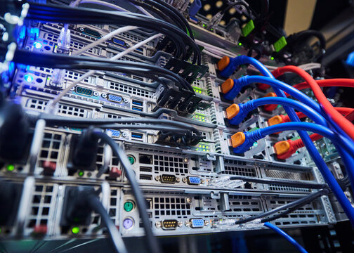 Close Up of Network Equipment and Cables in Server Room