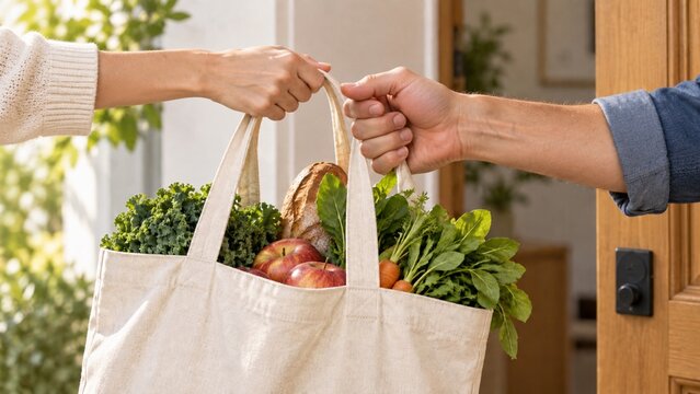 Shared Responsibility as Woman Hands Grocery Bag to Man