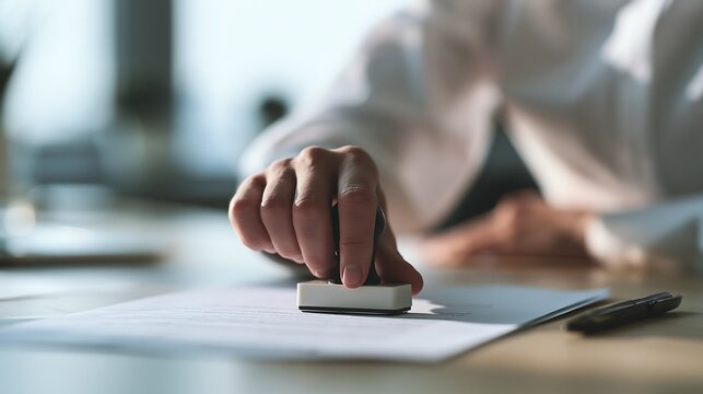 A close-up of a hand stamping a document isolated on transparent background. Ideal for business contract approval and administrative compliance concepts.