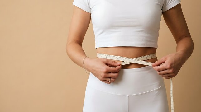 Woman measuring waist with tape measure, representing healthy lifestyle, weight loss journey, and fitness goals, body shape.